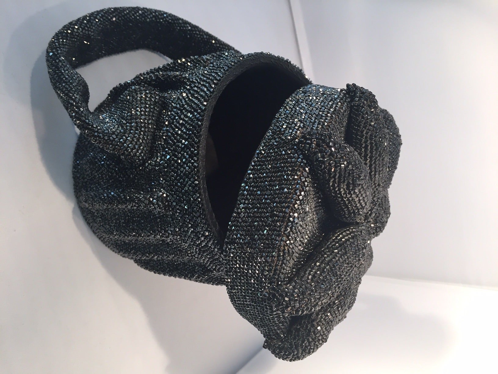 1940s Gunmetal Beaded Barrel Evening Bag w/ "Starfish" Detail For Sale