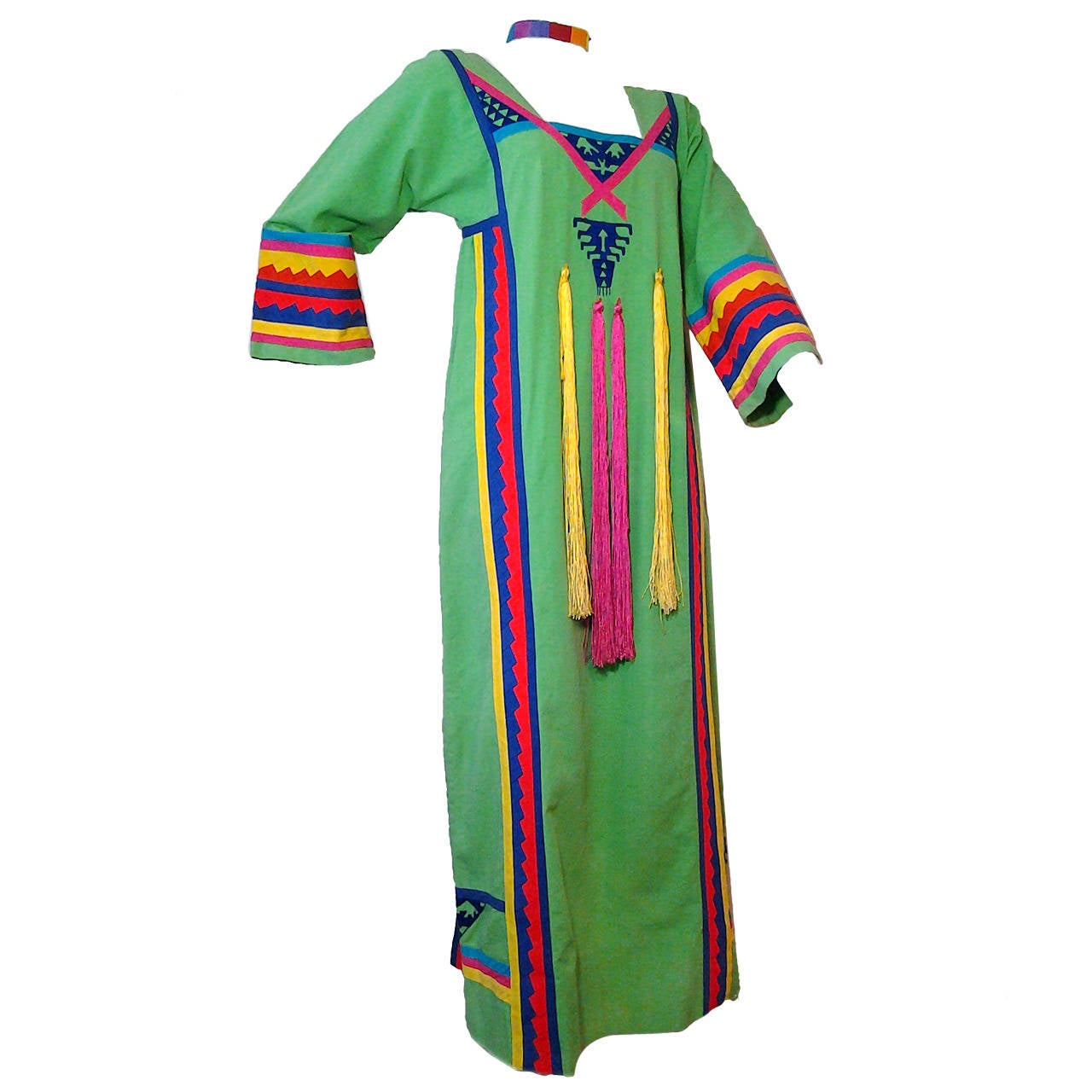 1970s Josefa Mexican Cotton Caftan with Tassel Streamers