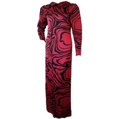 Retro 1980s Pauline Trigere Marbleized Silk Print Gown