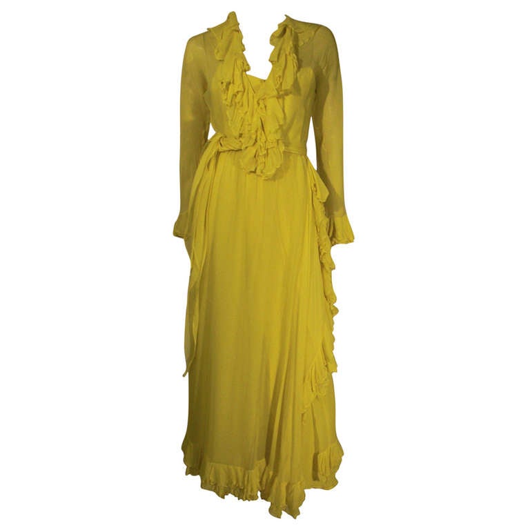 1970s  Lemon Yellow Silk Chiffon Gown with Ruffles