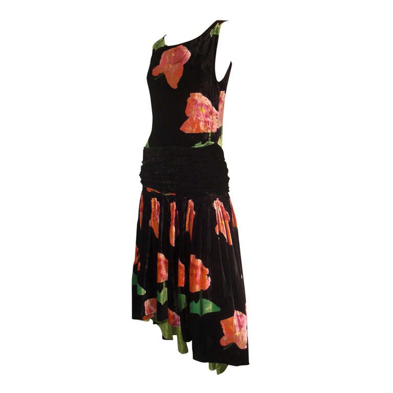 1920s Milgrim Floral Silk Velvet Dropped Waist Tea Dress