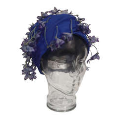 1960s Cathay of California Cobalt Blue Turban Hat w/ Violet Flowers