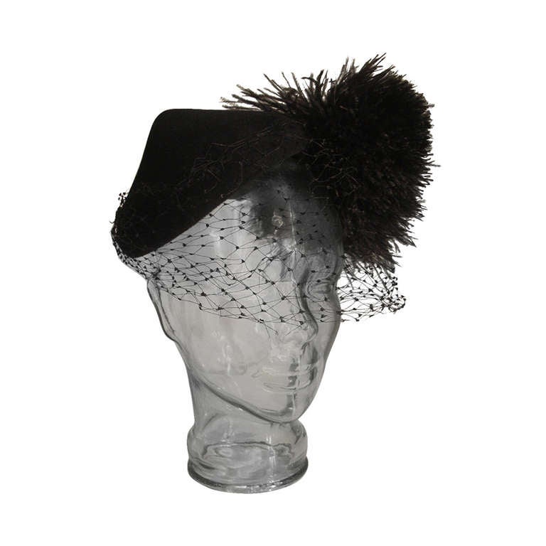 1950s Joseph's Wool Felt Hat with Large Feather Pom Pom Puff and Veil