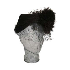 Vintage 1950s Joseph's Wool Felt Hat with Large Feather Pom Pom Puff and Veil