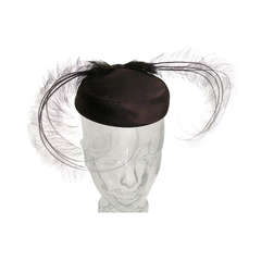 1950s Silk Satin Evening Hat with Dramatic Sweeping Feathers