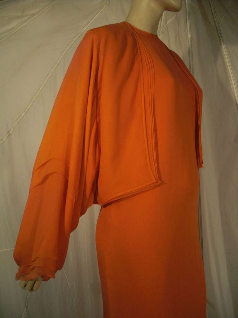 1970s Galanos Orange Silk Chiffon Multi-Layered Column Gown and Jacket 1