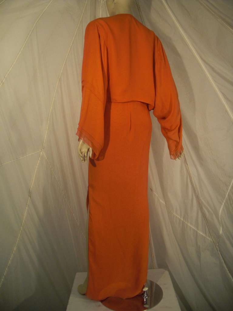 1970s Galanos Orange Silk Chiffon Multi-Layered Column Gown and Jacket 2