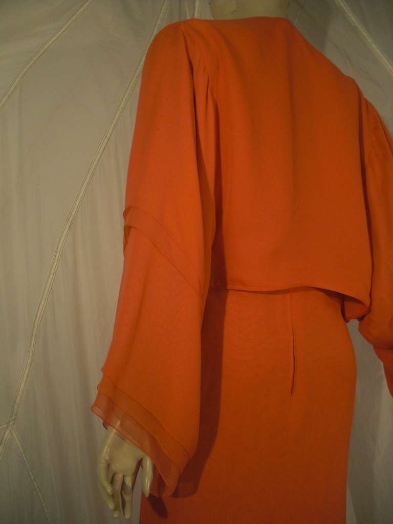 1970s Galanos Orange Silk Chiffon Multi-Layered Column Gown and Jacket 3