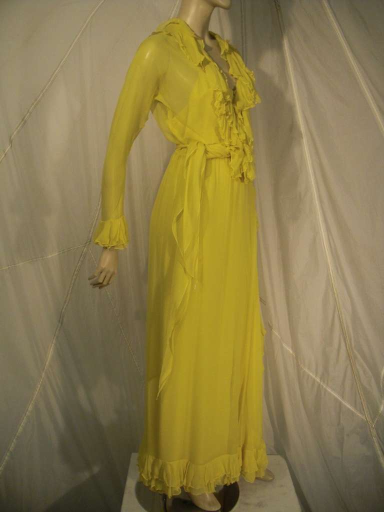 1970s  Lemon Yellow Silk Chiffon Gown with Ruffles In Good Condition In Gresham, OR