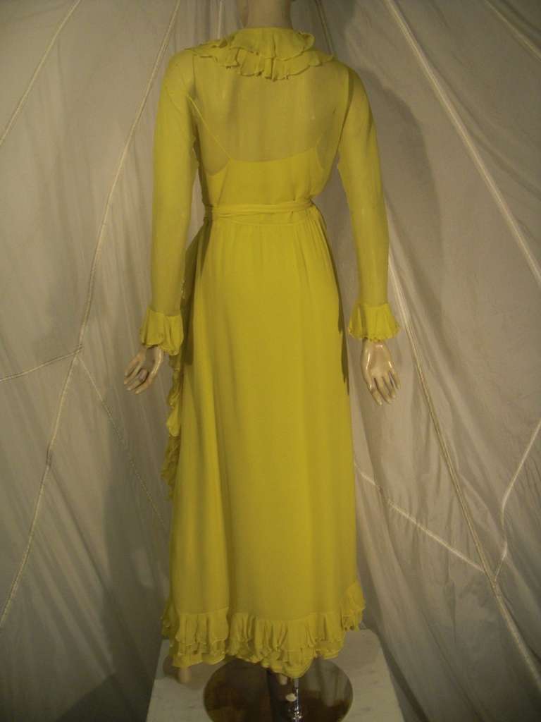 Women's 1970s  Lemon Yellow Silk Chiffon Gown with Ruffles