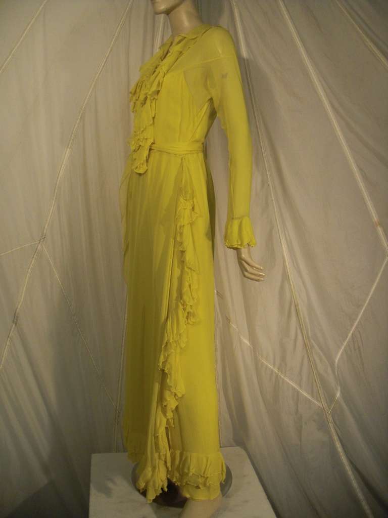 1970s  Lemon Yellow Silk Chiffon Gown with Ruffles 1