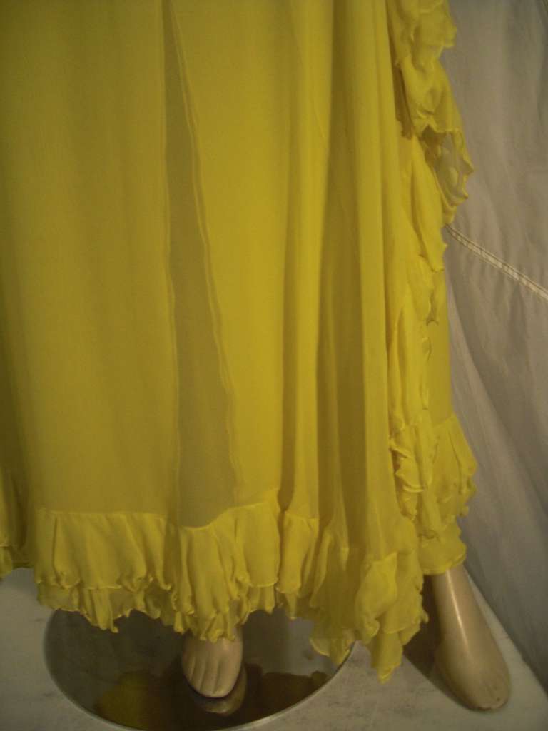 1970s  Lemon Yellow Silk Chiffon Gown with Ruffles 2