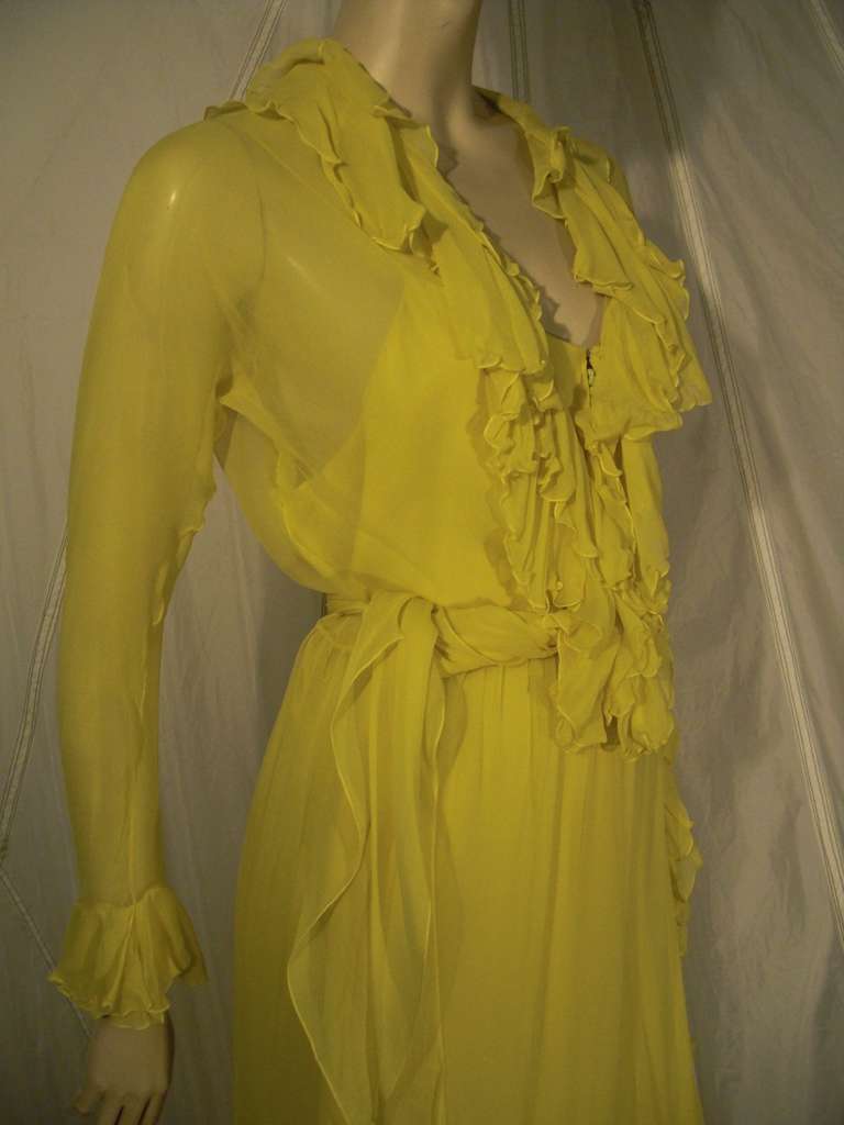 1970s  Lemon Yellow Silk Chiffon Gown with Ruffles 3