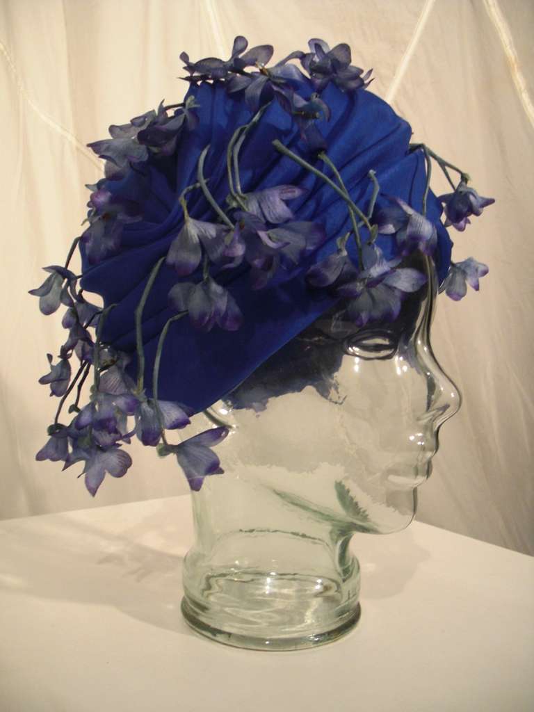 1960s Cathay of California Cobalt Blue Turban Hat w/ Violet Flowers 2