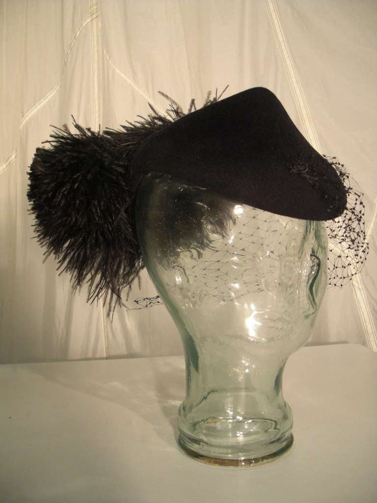 1950s Joseph's Wool Felt Hat with Large Feather Pom Pom Puff and Veil In Excellent Condition In Gresham, OR