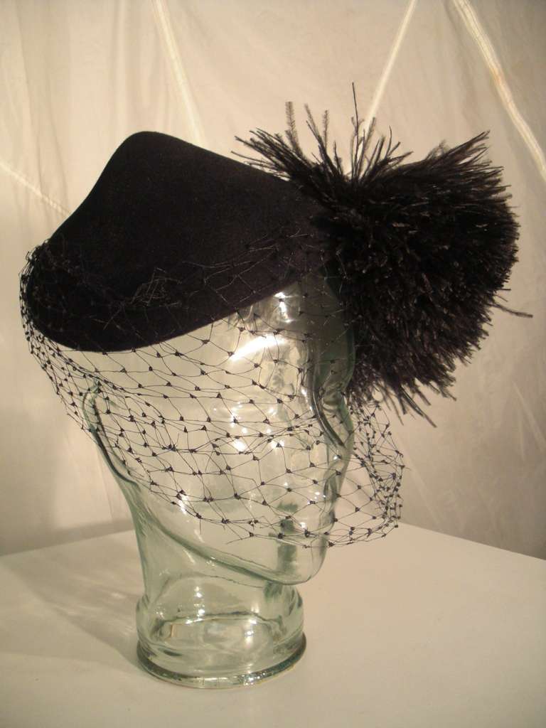 Women's 1950s Joseph's Wool Felt Hat with Large Feather Pom Pom Puff and Veil