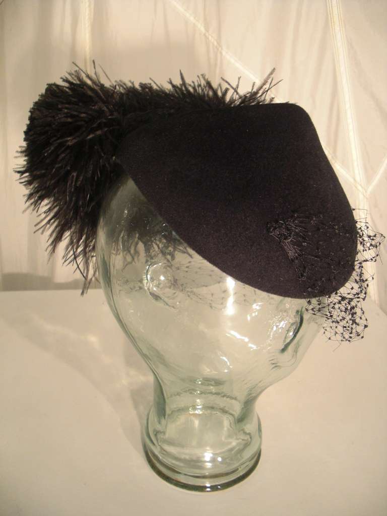 1950s Joseph's Wool Felt Hat with Large Feather Pom Pom Puff and Veil 1