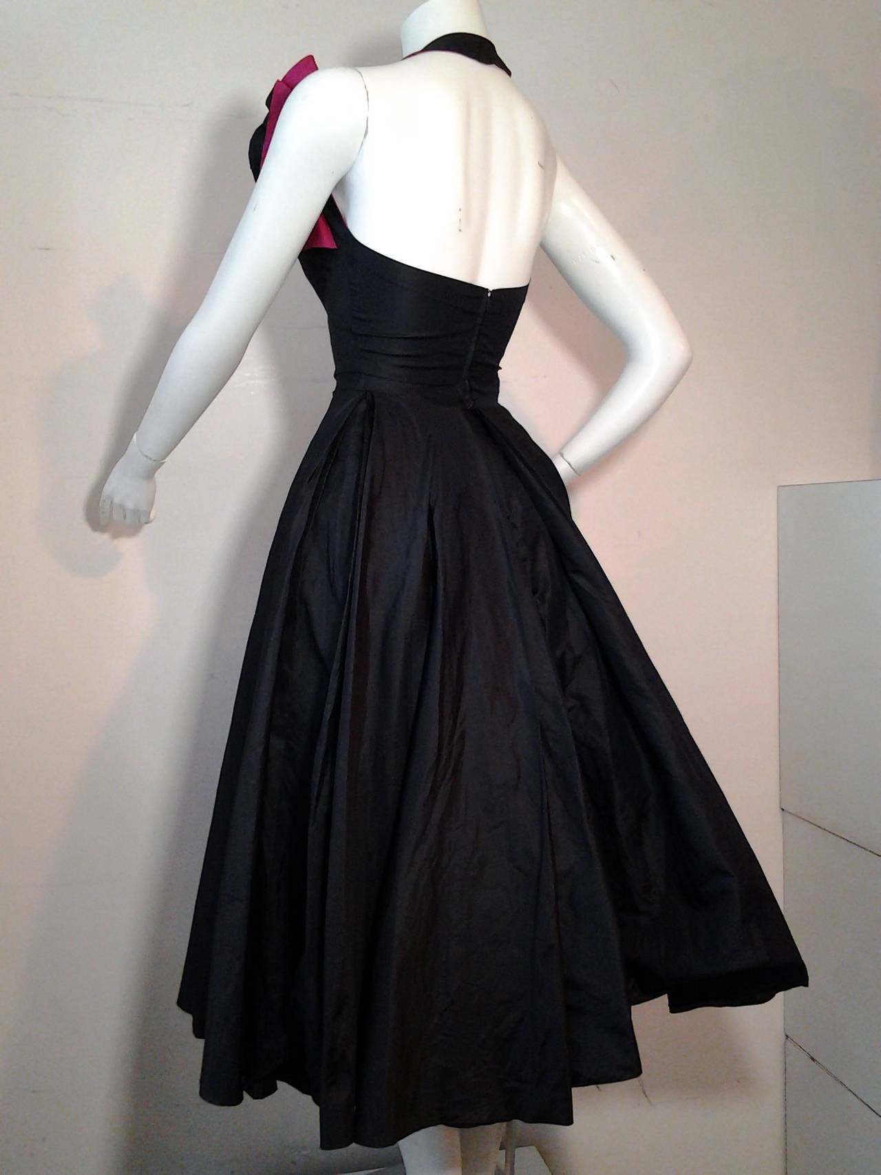 Black 1950s Navy and Fuchsia Taffeta and Faille Dress w/ Crinoline