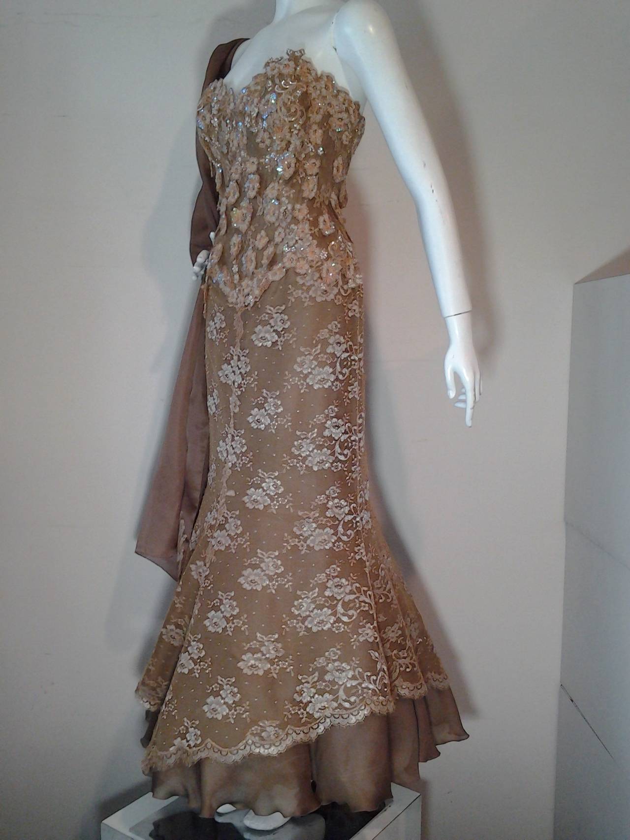 Women's 1980s Vicky Tiel Couture Cappuccino Lace Gown w/ Sequin Applique