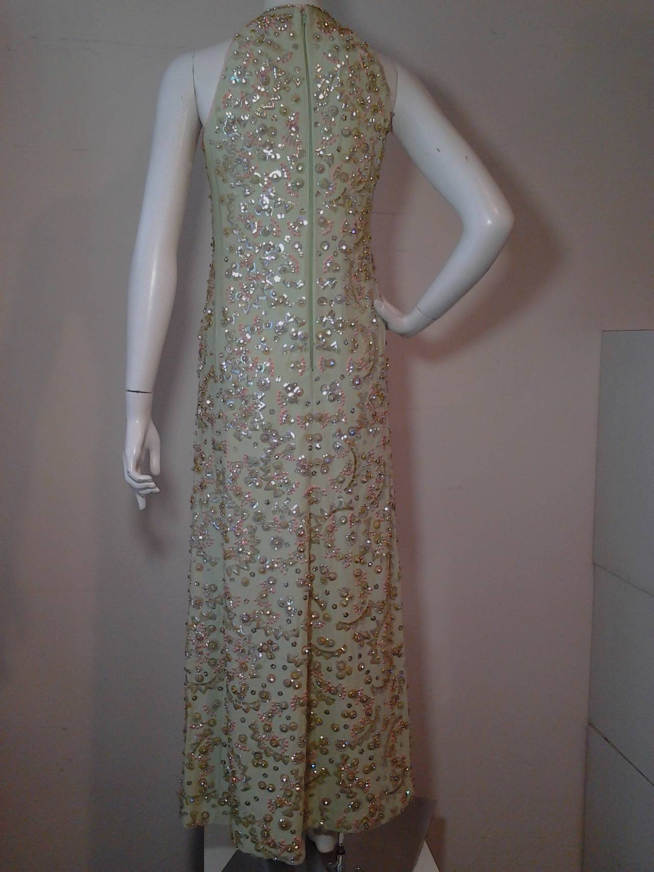 Stunning 1960s Beaded and Sequined Sleeveless Silk Gown in Mint and ...