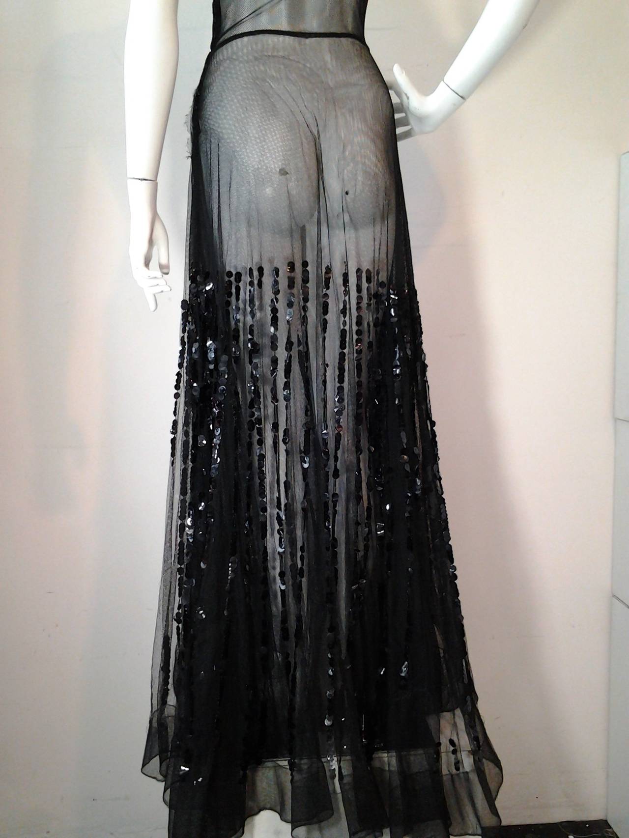 1930s Black Rayon Tulle Gown with Black Linear Paillette Embellishment In Excellent Condition In Gresham, OR