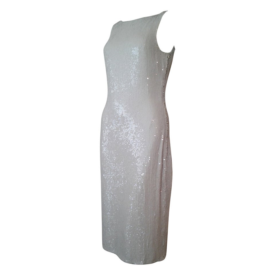 Badgley Mischka White Sequin Low-Back Sheath Dress