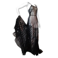 1930s Black Rayon Tulle Gown with Black Linear Paillette Embellishment
