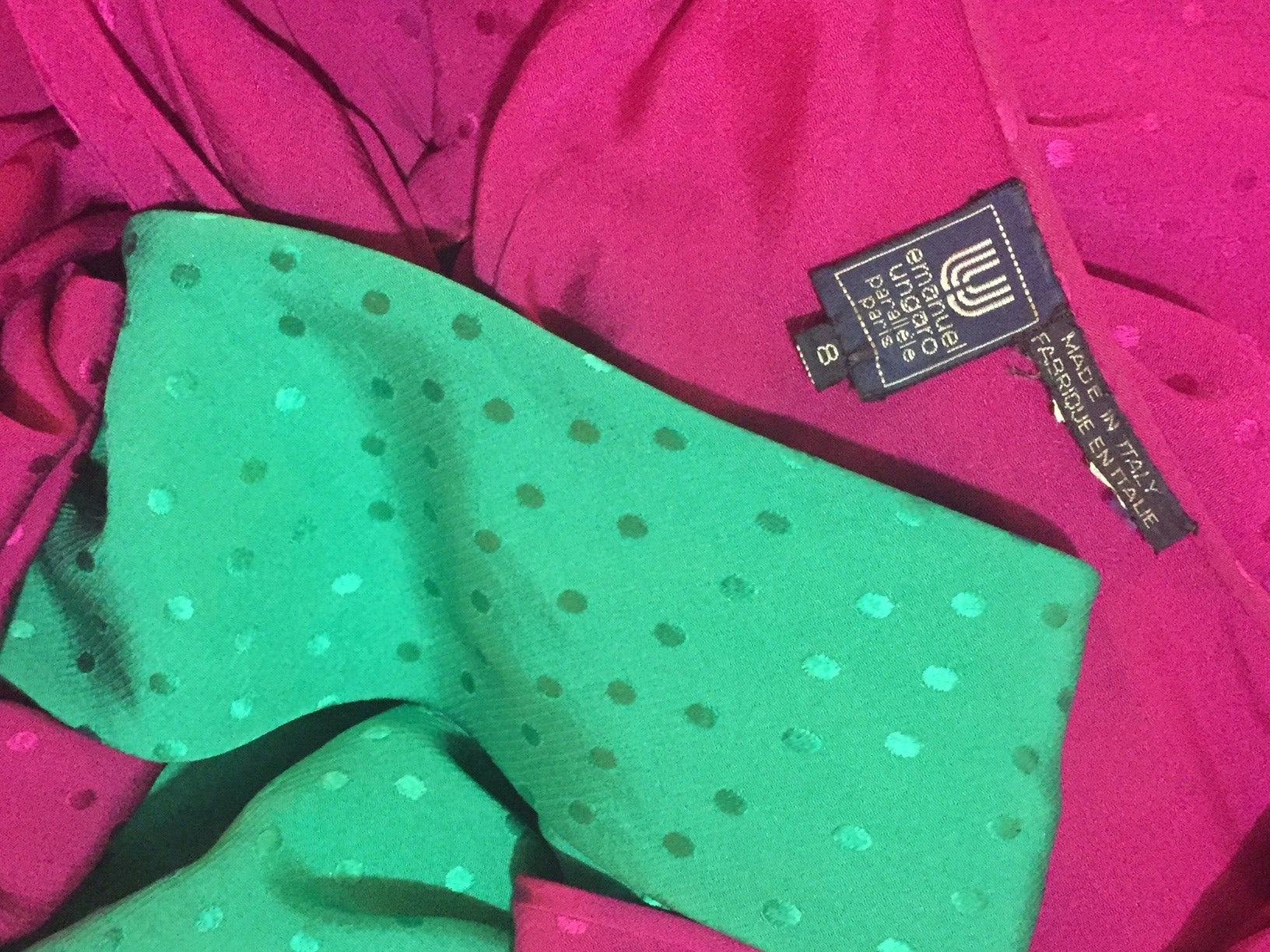 1980s Emanuel Ungaro Fuchsia and Emerald Silk Wrap Evening Gown 2