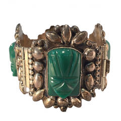 1940s Mexican Silver Hinged Cuff Bracelet with Jadeite Masks