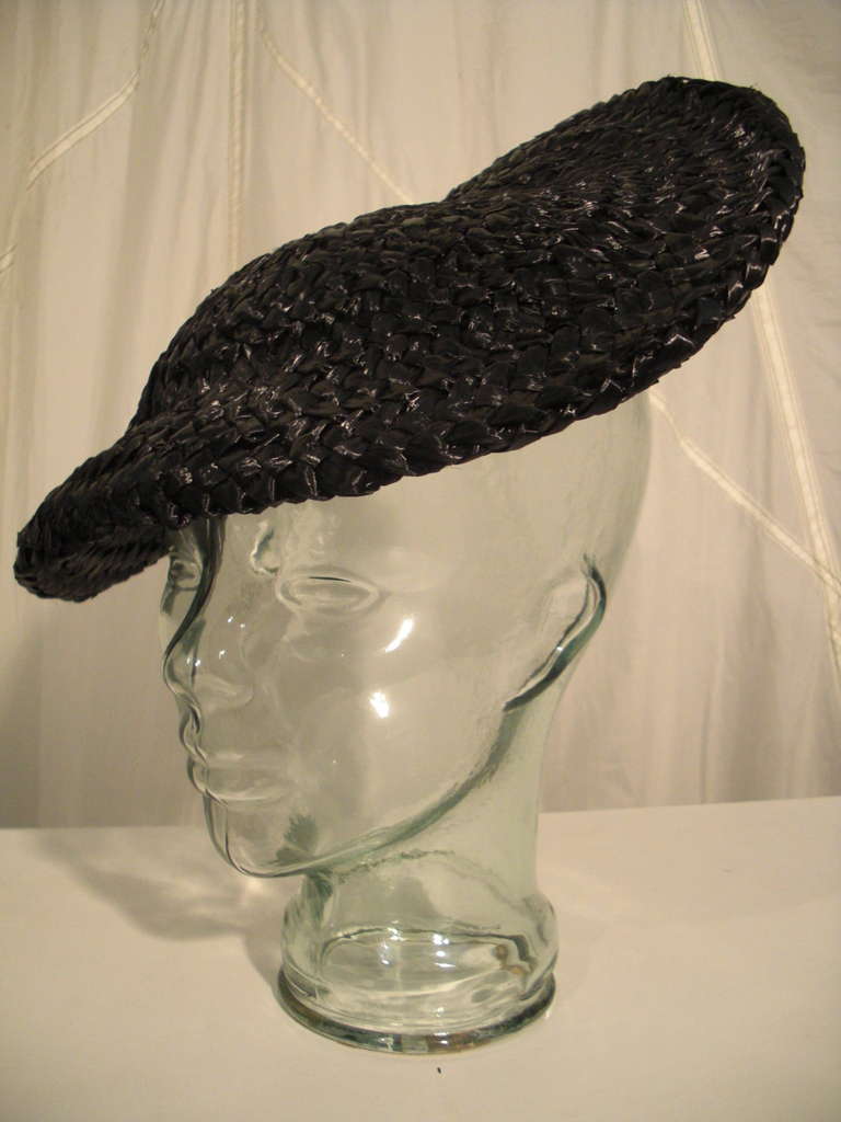 1950s Sally Victor Black Straw Tilt Hat 2