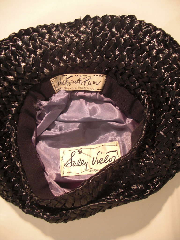 1950s Sally Victor Black Straw Tilt Hat 3