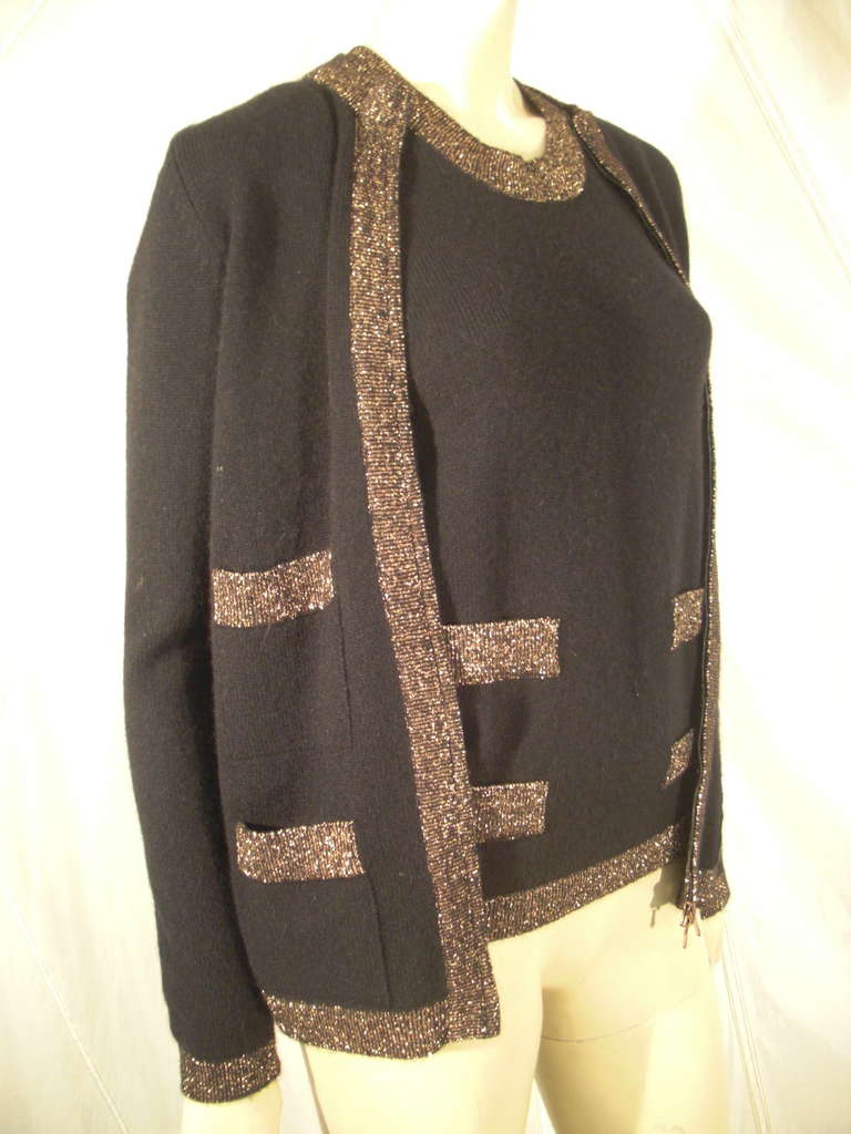 Chanel Black and Copper Lurex Trimmed Cashmere Twin Set In Excellent Condition In Gresham, OR
