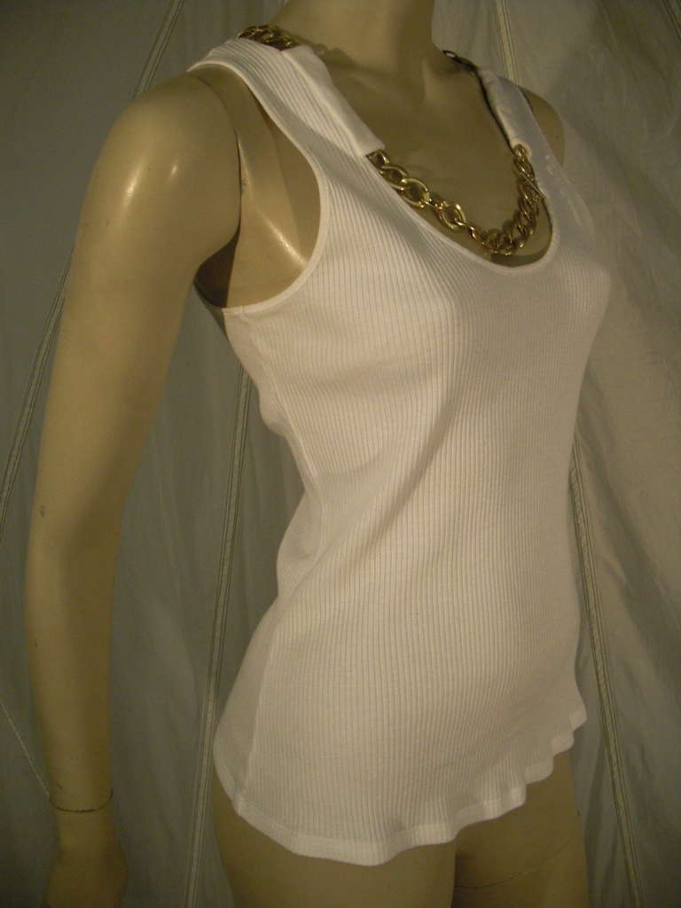 A simple Alexander McQueen cotton ribbed tank top with incorporated chain neckline (toggle closure on chain)