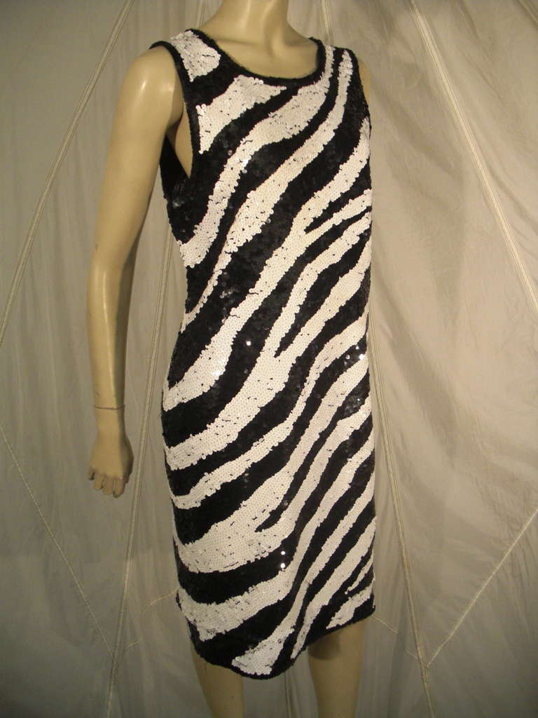 A fabulous 1980s Adrienne Vittadini zebra striped hand sequined shift dress of cotton jersey with low armholes.