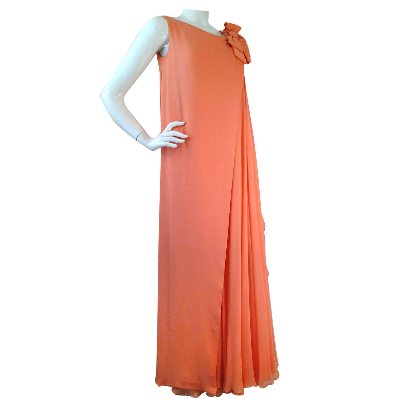 1960s Sarmi Cantaloupe Silk Chiffon Pleated Gown w/ Overlay Effect For ...