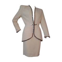 1980s Thierry Mugler Cream Wool Novelty Crepe Suit with Chain Link Trim