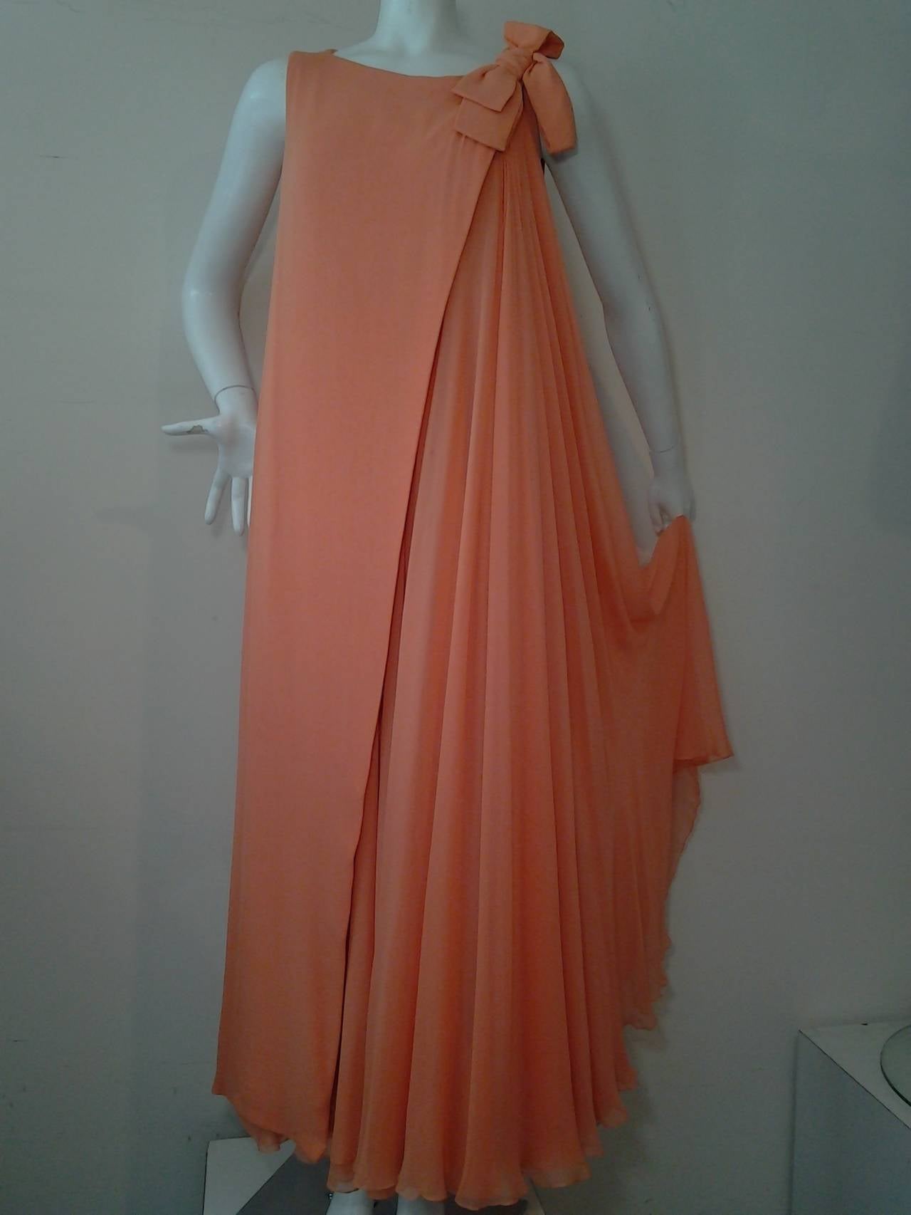 1960s Sarmi Cantaloupe Silk Chiffon Pleated Gown w/ Overlay Effect 1
