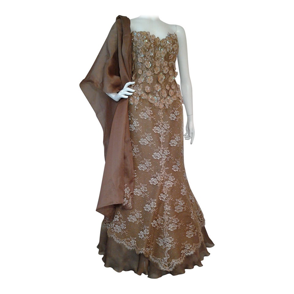 1980s Vicky Tiel Couture Cappuccino Lace Gown w/ Sequin Applique