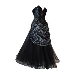 Retro 1980s Vicky Tiel Couture "Giselle" Beaded Black Lace / Steel Blue Satin Gown