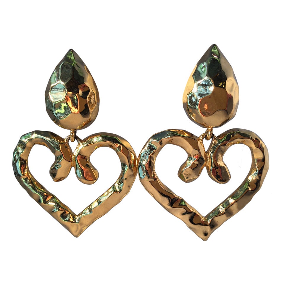 1980s Les Bernard "Hammered" Finish Large Gold Heart Pendant Earrings