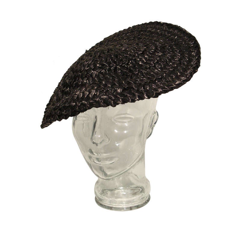 1950s Sally Victor Black Straw Tilt Hat