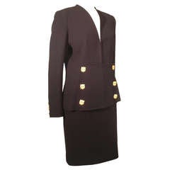 1990s Valentino Skirt Suit with Front Zippered Jacket and Panther Buttons