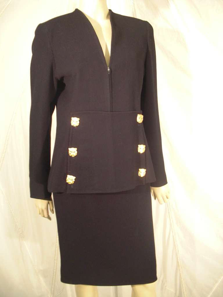 Black 1990s Valentino Skirt Suit with Front Zippered Jacket and Panther Buttons