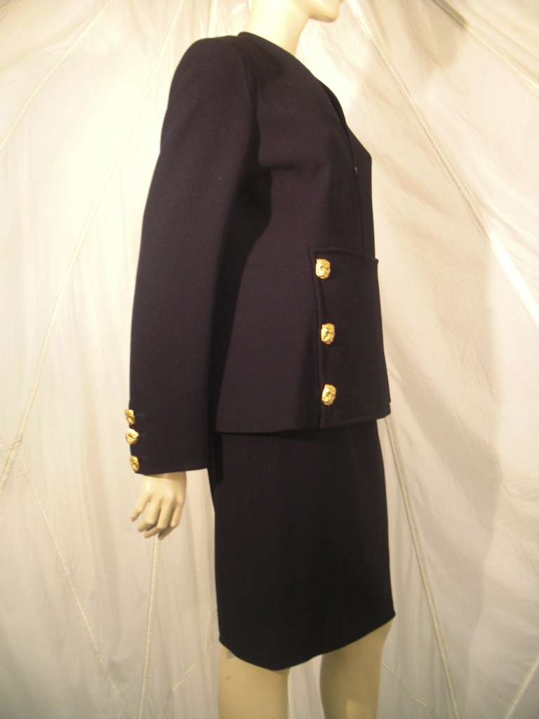 1990s Valentino Skirt Suit with Front Zippered Jacket and Panther Buttons In Excellent Condition In Gresham, OR