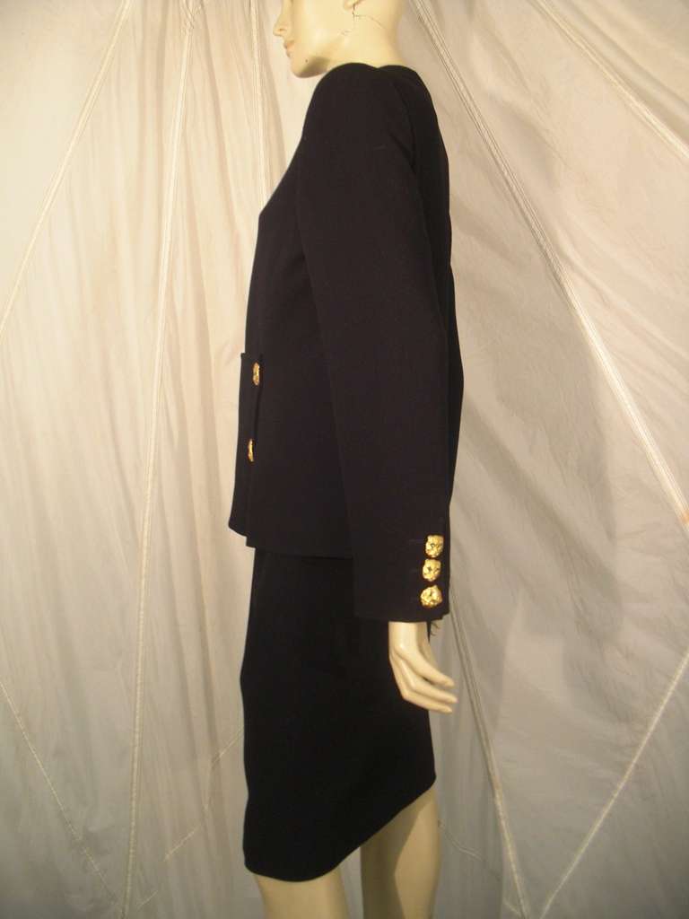 1990s Valentino Skirt Suit with Front Zippered Jacket and Panther Buttons 1