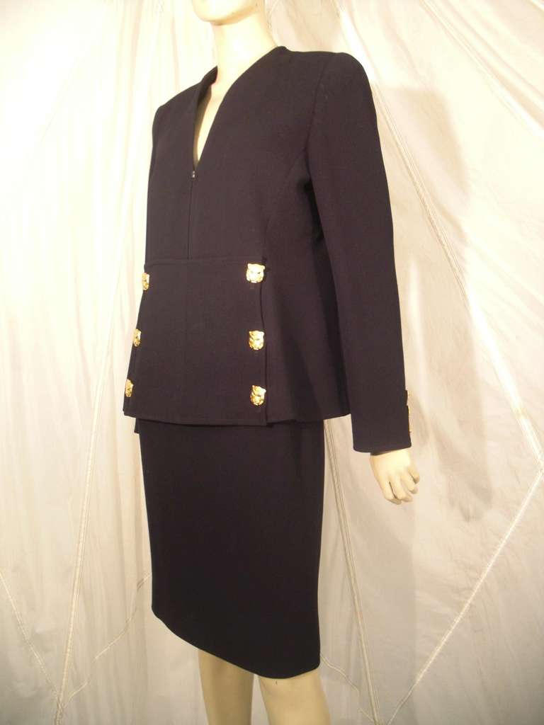 1990s Valentino Skirt Suit with Front Zippered Jacket and Panther Buttons 2
