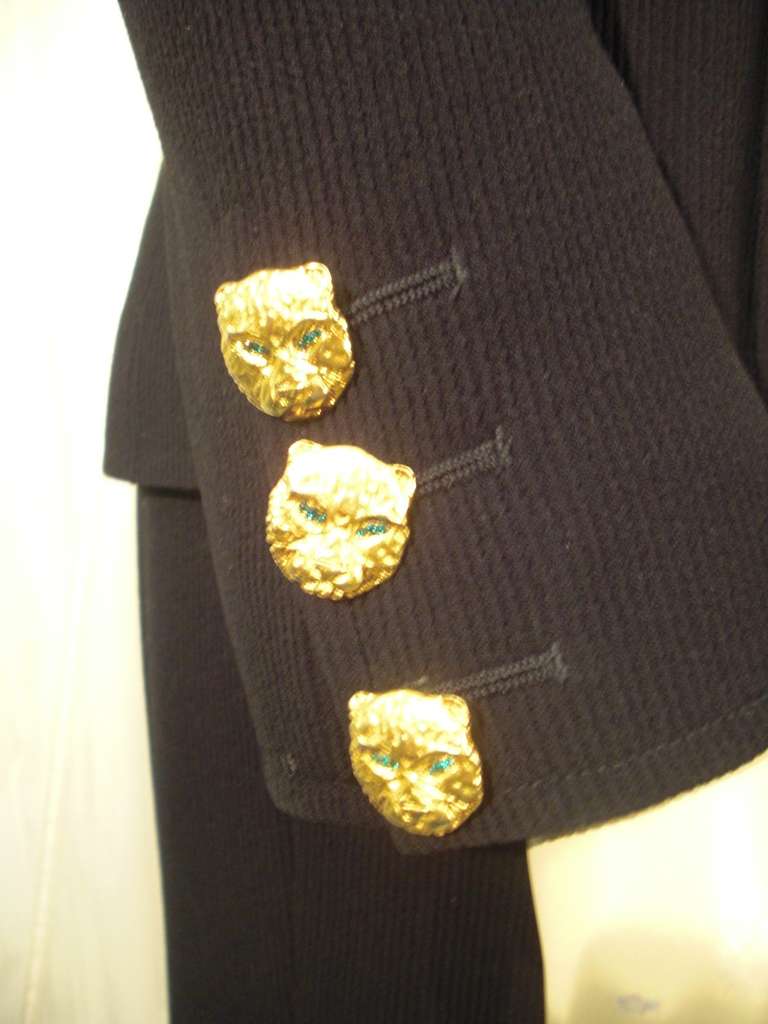 1990s Valentino Skirt Suit with Front Zippered Jacket and Panther Buttons 3