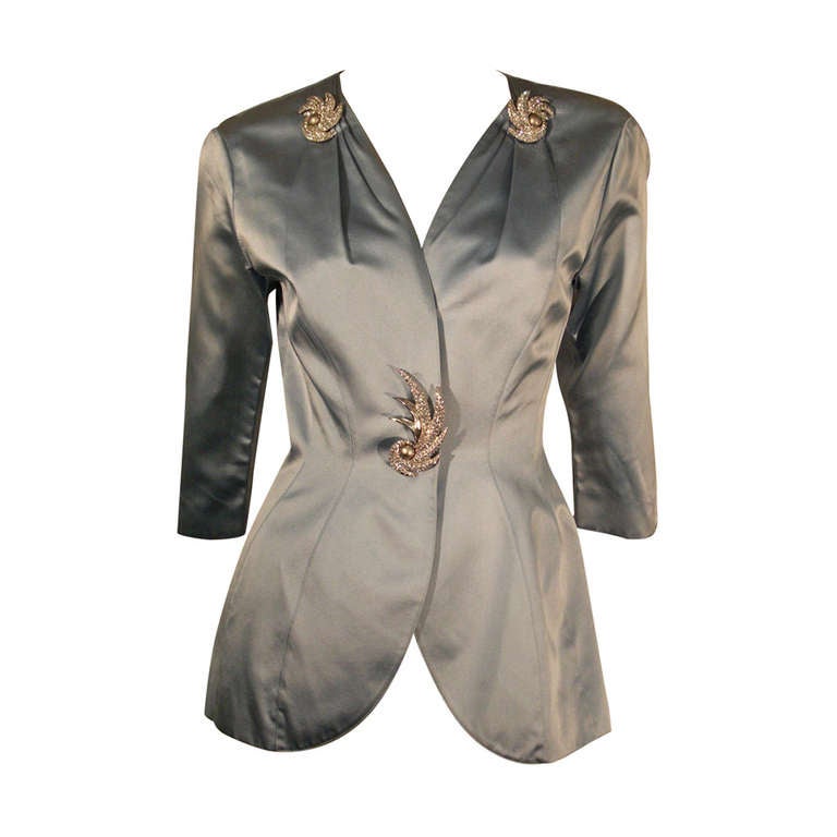 1980s Thierry Mugler Powder Blue Satin Contoured "Bar Jacket" w/ Jewels