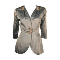 1980s Thierry Mugler Powder Blue Satin Contoured "Bar Jacket" w/ Jewels