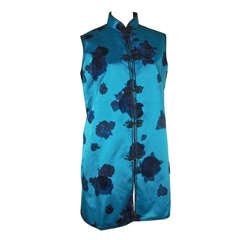 1950s Turquoise Floral Silk Satin Vest w/ Chinese Styling